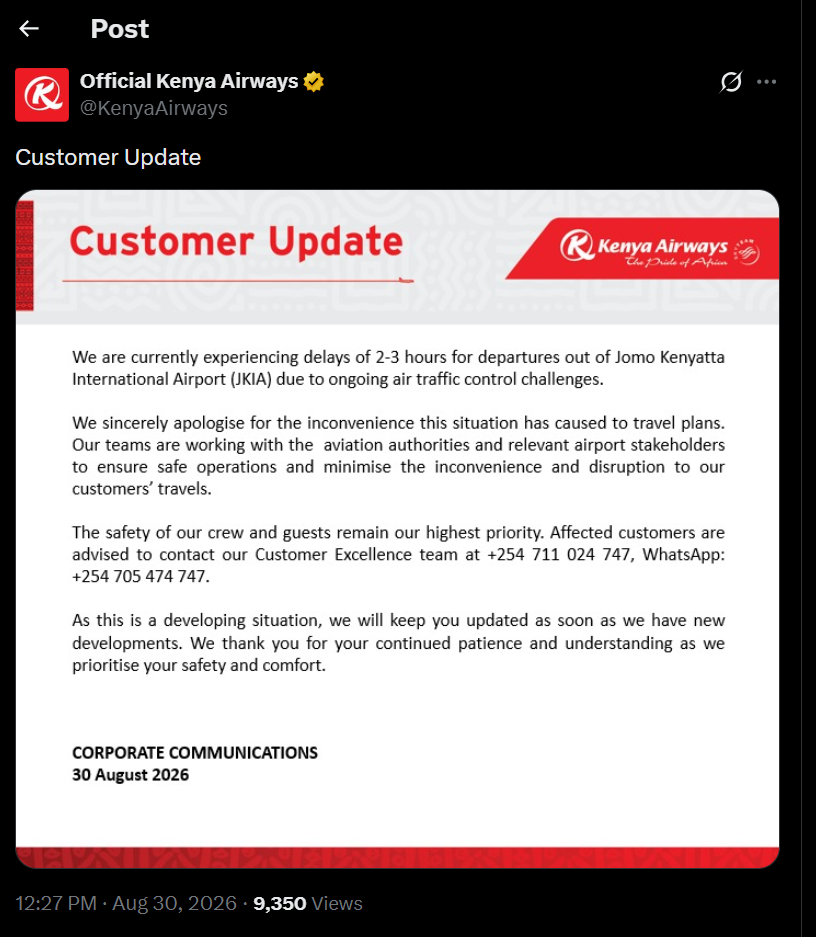 Post by Kenya Airways. PHOTO/Screengrab by K24 Digital from X/@KenyaAirways