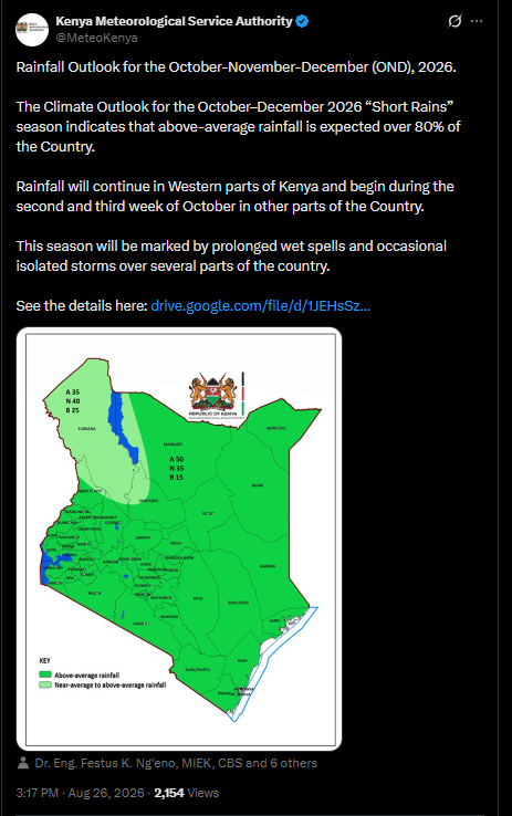 Post by Kenya Met Department. PHOTO/Screengrab by K24 Digital from X/@MeteoKenya