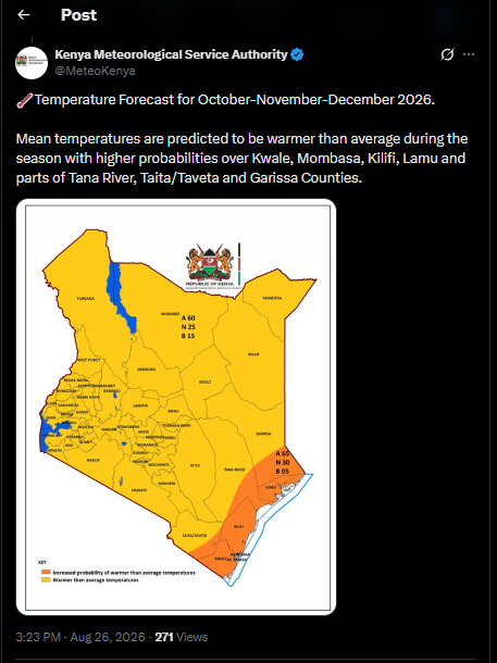 Post by Kenya Met Department. PHOTO/Screengrab by K24 Digital from X/@MeteoKenya