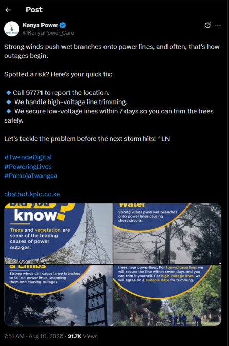 Post by Kenya Power. PHOTO/Screengrab by K24 Digital from X/@KenyaPower_Care