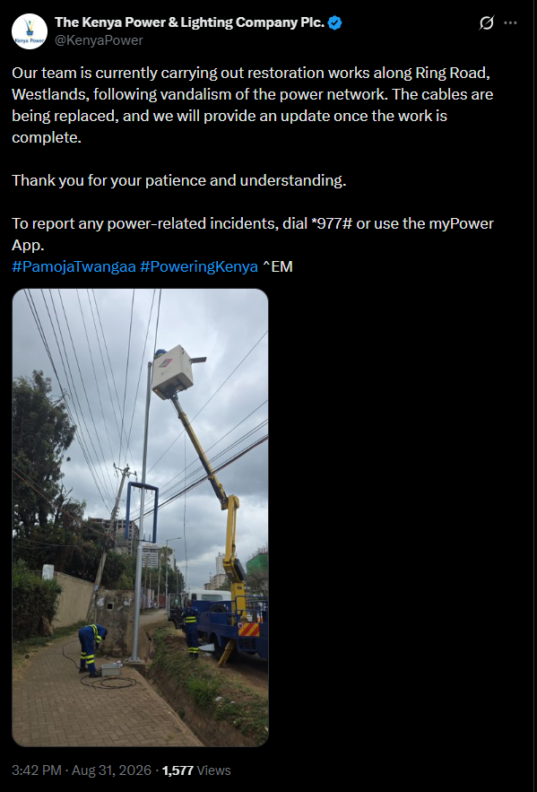 Post by Kenya Power. PHOTO/Screengrab by K24 Digital from X/@KenyaPower