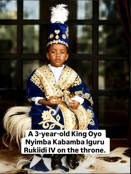 King Oyo Nyimba Kabamba Iguru Rukidi IV during his coronation at just three years old. PHOTO/@PatroUganda/X