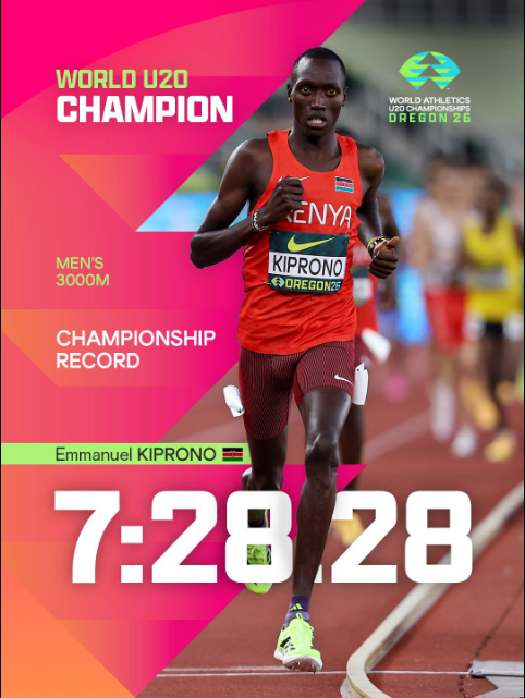 Emmanuel Kiprono at the 2026 U20 World Championships in Oregon, USA on Saturday, August 8, 2026. PHOTO/https://www.facebook.com/WorldAthletics/photos