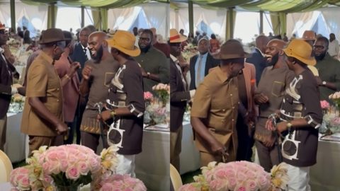 Larry Madowo shares a light moment with Ruto at Charlene’s traditional ceremony