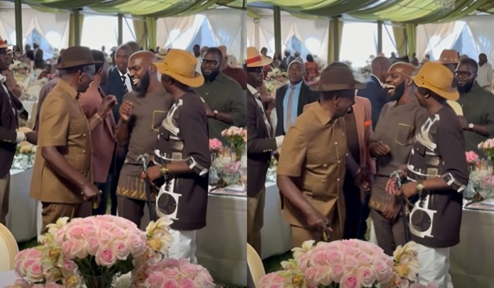 Larry Madowo shares a light moment with Ruto at Charlene’s traditional ceremony
