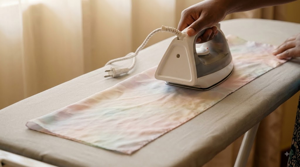 An unplugged iron gliding over a delicate silk scarf.