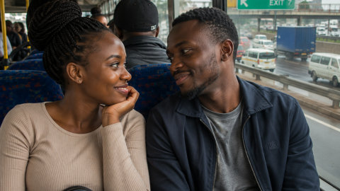 Two passengers staring at each other inside a bus.