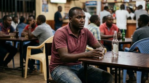 A man sits thoughtfully before a glass of clear spirit in a bar.