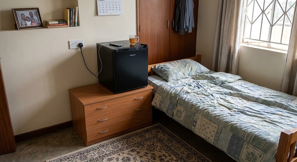 A mini- fridge inside a bedroom.