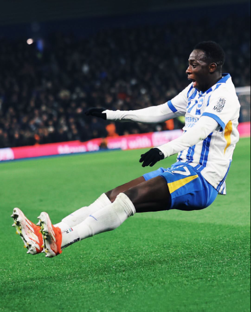 Brighton's Yankuba Minteh celebrates his goal against Chelsea previously. PHOTO/https://www.facebook.com/officialbhafc/photos