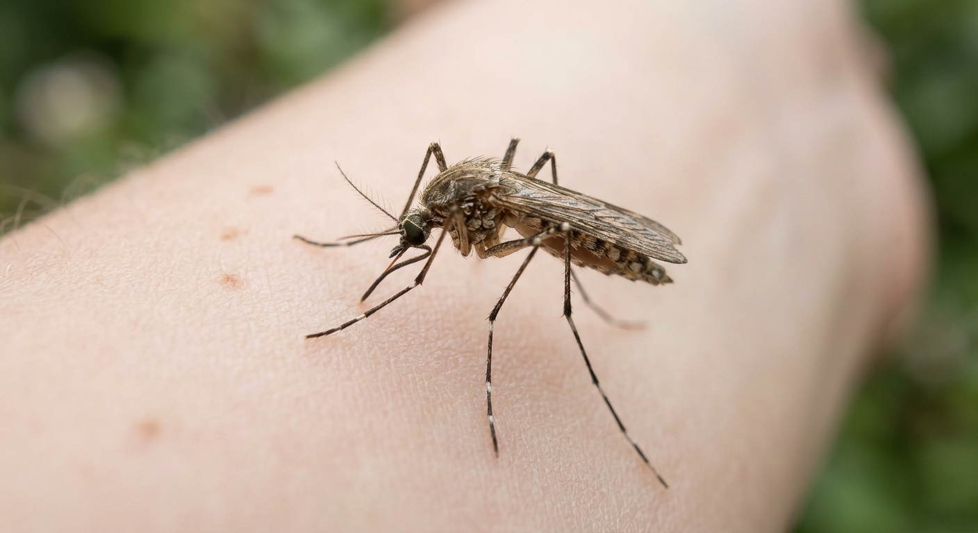 A mosquito feeds on a person's arm.