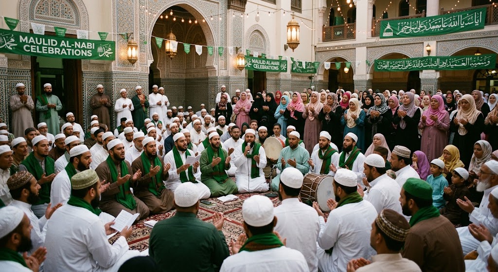 Muslims inside a mosque celebrating Maulid