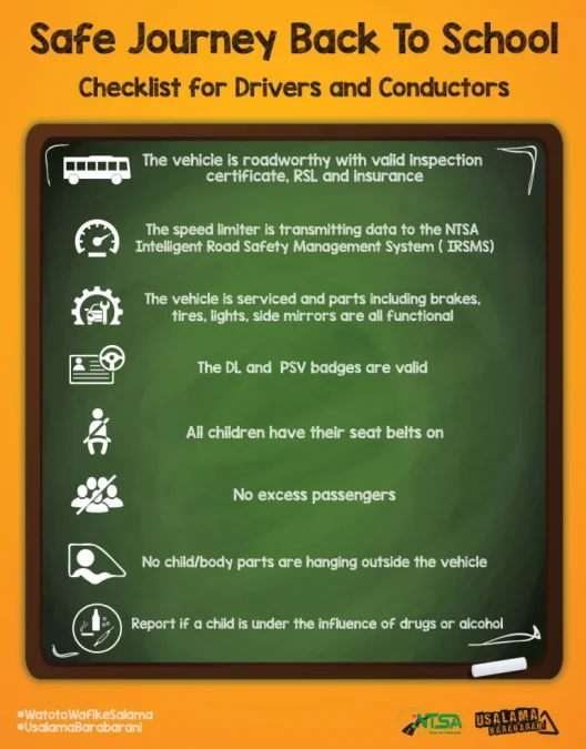 NTSA’s safety checklist for drivers and conductors transporting school-going children. PHOTO/@ntsa_kenya/X

