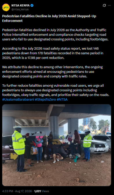 Post by NTSA Kenya. PHOTO/Screengrab by K24 Digital from X/@ntsa_kenya