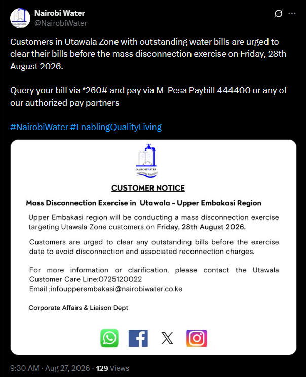 Post by Nairobi Water. PHOTO/Screengrab by K24 Digital from X/@NairobiWater