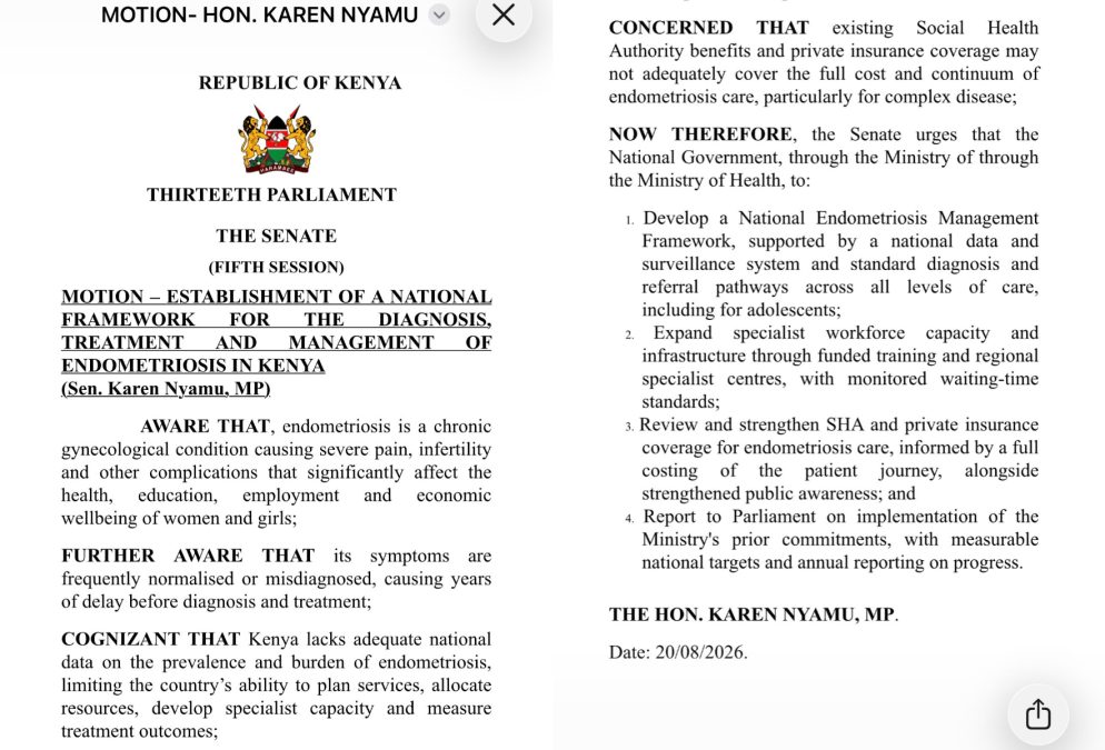Nominated senator Karen Nyamu's endo motion. PHOTO/https://www.facebook.com/karenzo047