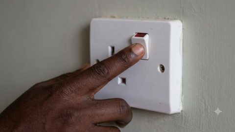 A hand reaching out to flip the switch on a standard white wall socket to the 'off' position, immediately breaking the electrical circuit.