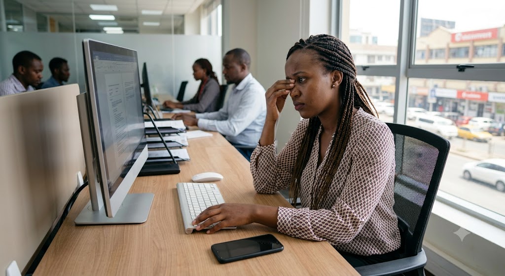A distracted professional woman in a Nairobi office struggles to focus on her work while her silent, face-down smartphone drains her mental energy.