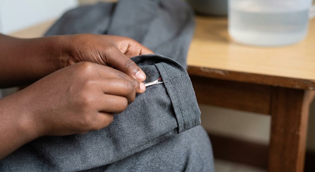 A woman unpicking the hem stitches on a pair of trousers.