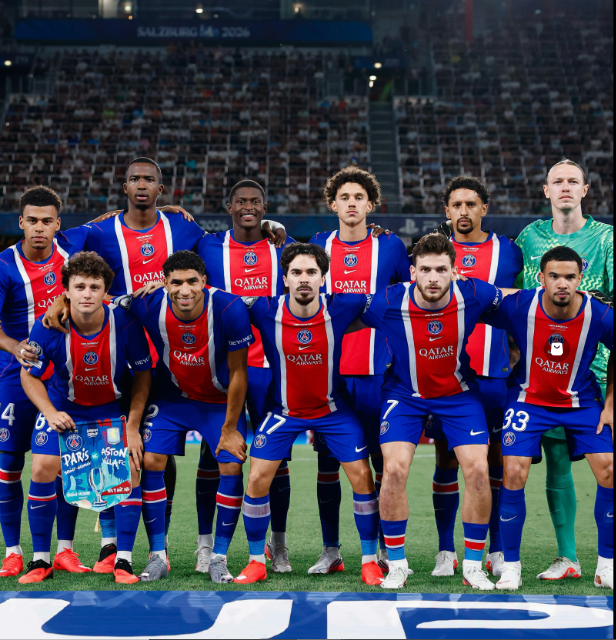 PSG players line up before their 2026 Super Cup final against Aston Villa in Austria on Wednesday, August 12, 2026. PHOTO/https://www.facebook.com/PSG/photos