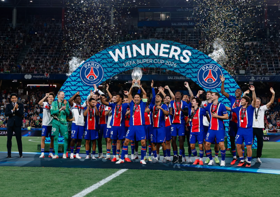 PSG players celebrate their 2026 Super Cup victory in Austria on Wednesday, August 12, 2026. PHOTO/https://www.facebook.com/PSG/photos