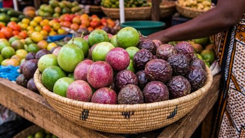 A traditional woven 'kiondo' basket overflows with passion fruit at a market.