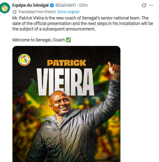 Senegal FA's statement on the appointment of Patrick Vieira as the new men's team head coach. PHOTO/Screengrab by K24 Digital/@GaindeYi