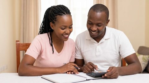 A happy couple uses a notebook and calculator to plan their household budget together.