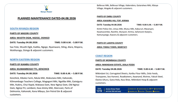 Areas set to experience planned power outages on August 4. PHOTO/@KenyaPower_Care