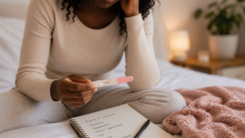 A woman thinking hard about a positive pregnanny test.