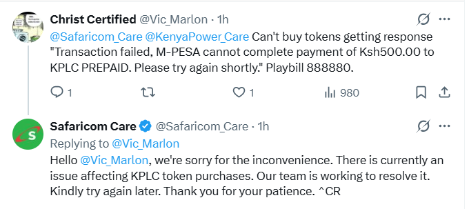 Safaricom confirms disruption affecting KPLC prepaid token purchases via M-Pesa