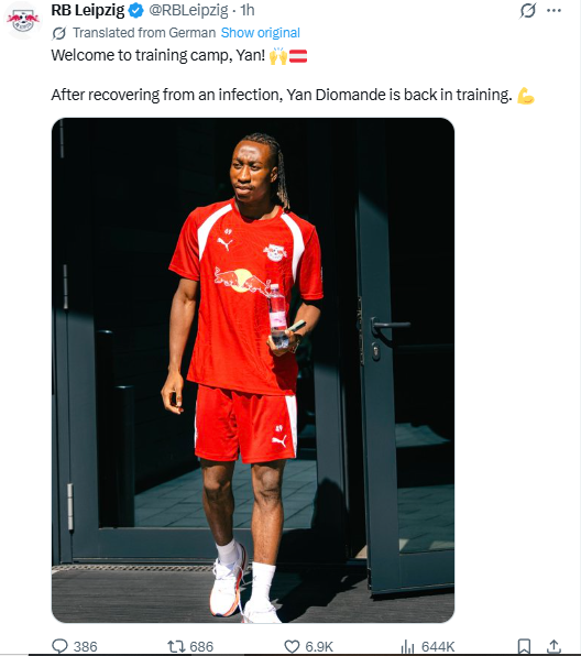Statement of RB Leipzig on Yan Diomande's return to training from infection. PHOTO/Screengrab by K24 Digital/@RBLeipzig/X