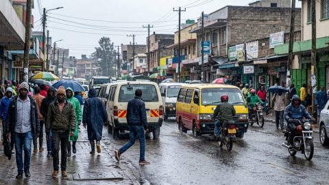A Kenyan street during rainy weather.
