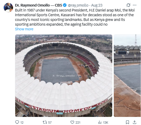 Status update of the under-rehabilitation Kasarani Stadium by Interipor PS Raymond Omollo. PHOTO/Screengrab by K24 Digital/@ray_omollo