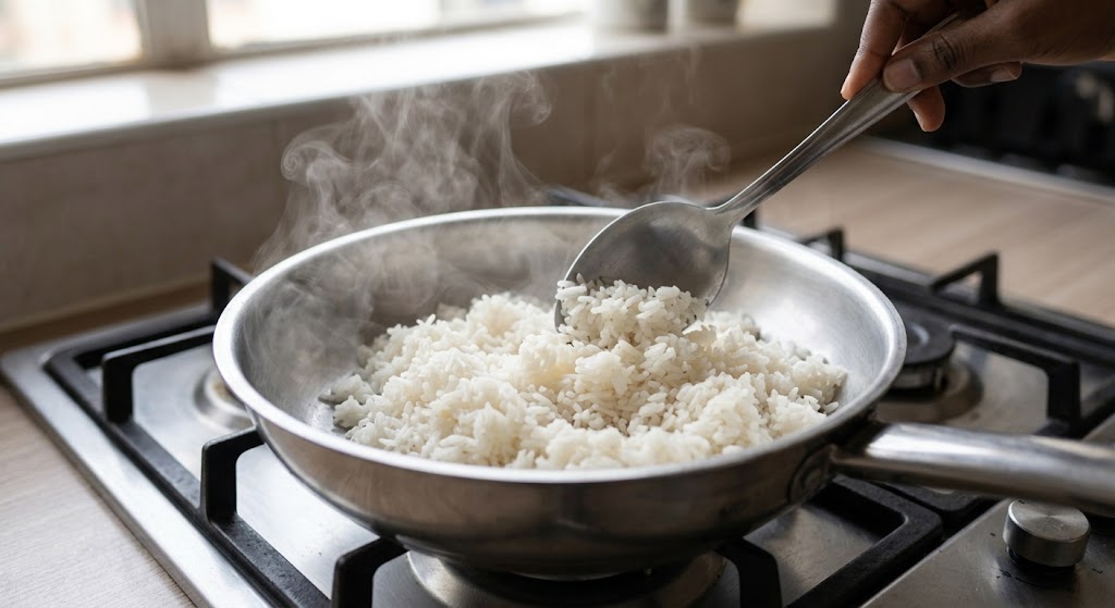A scoop of pre-stored rice being reheated in a pan, with visible steam showing it is heated thoroughly.