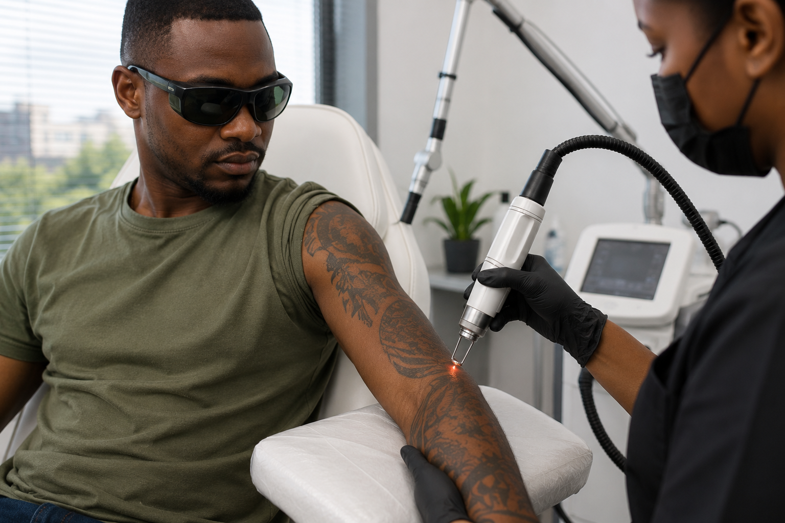 A man sits through a laser tattoo removal session.