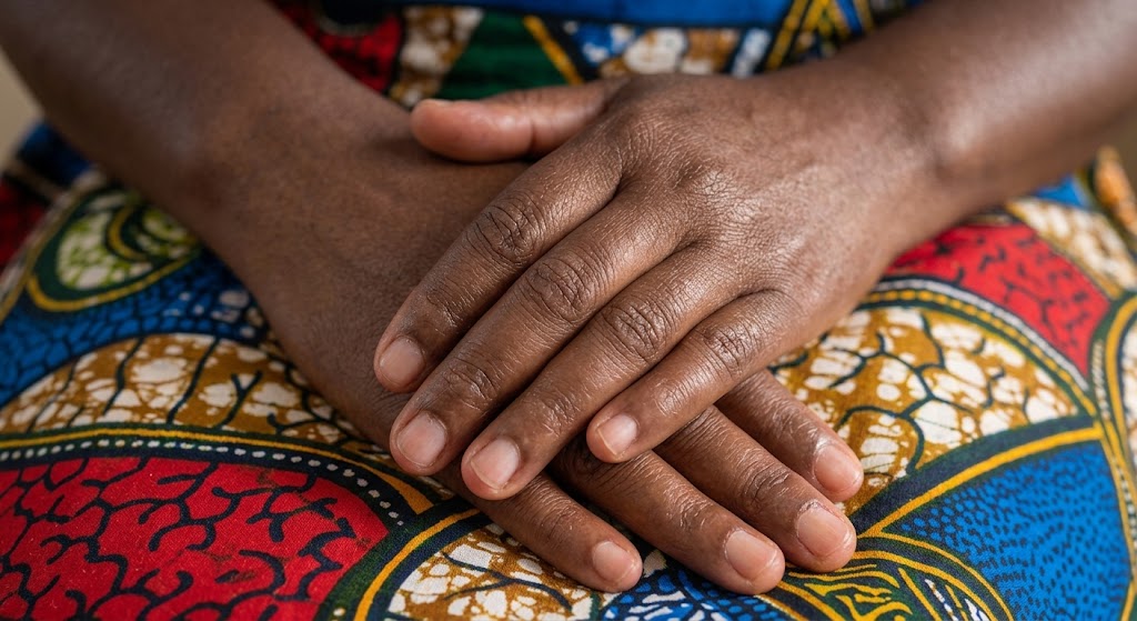 Well-moisturised, healthy-looking hands with smooth cuticles, resting clasped together on a patterned fabric.