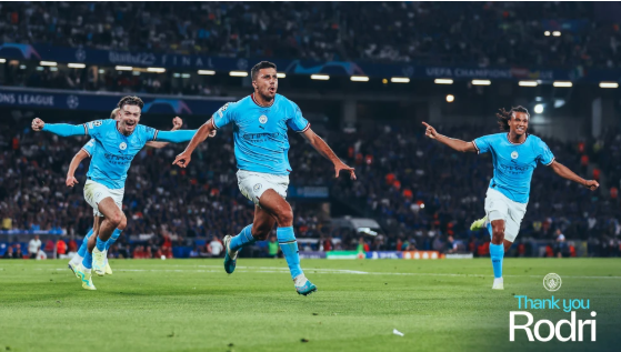 Rodri celebrates his goal with Manchester City teammates previously. PHOTO/https://www.mancity.com