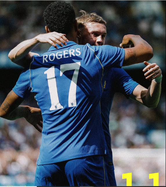 Morgan Rogers celebrates his goal against Real Sociedad with Cole Palmer on Saturday, August 15, 2026 at Stamford Bridge. PHOTO/https://www.facebook.com/ChelseaFC/photos