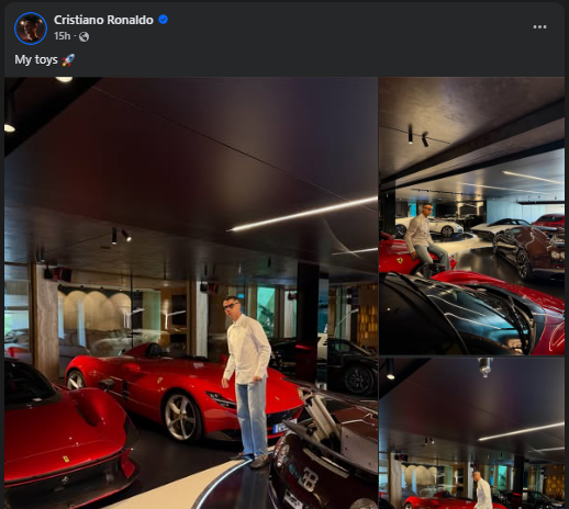 Christiano Ronaldo poses with high-end luxurious car collection. PHOTO/https://www.facebook.com/Cristiano
