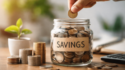 A hand drops a coin into a glass jar labeled savings, with stacks of coins placed beside it on a wooden table.