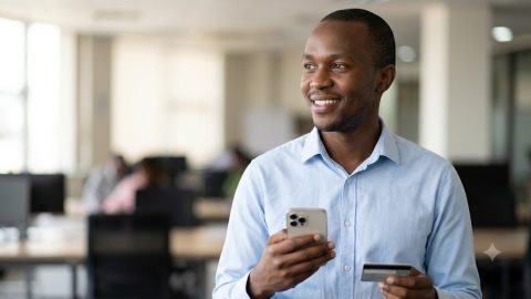 A professional smiles in his modern office after receiving his salary notification.