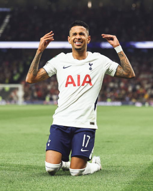 New Tottenham Hotspur celebrates his Carabao Cup goal against Charlton Athletic at the Tottenham Hotspur Stadium on Wednesday, August 27, 2026. PHOTO/https://www.facebook.com/TottenhamHotspur/photos