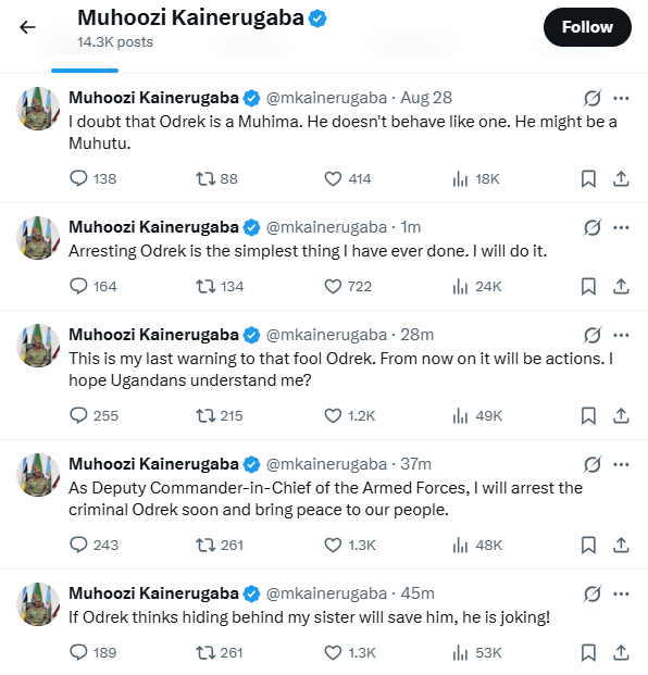 Screengrab of Muhoozi's tweets on August 28, 2026. 