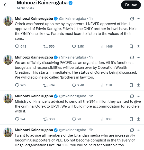 Screengrab of Muhoozi's tweets on August 28, 2026.