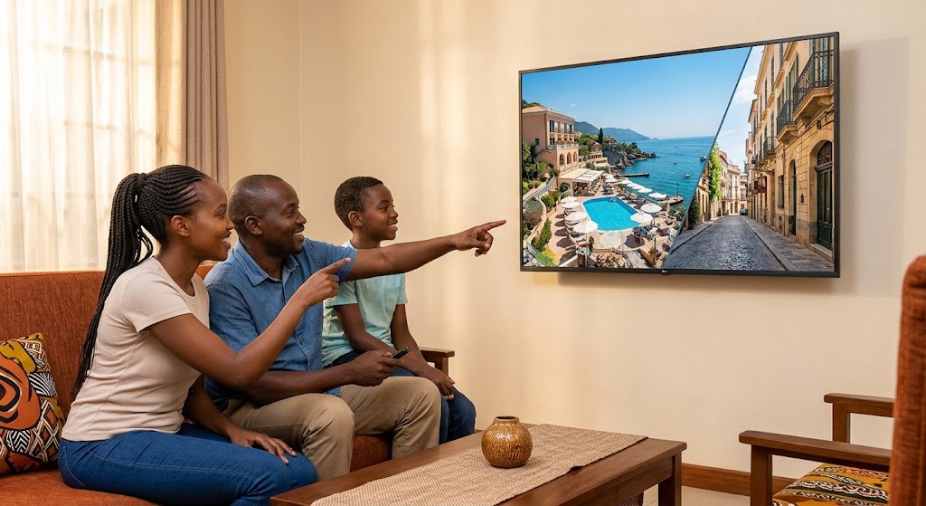 A family watching exotic foreign locations on their home TV, illustrating screen inspiration.
