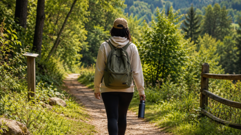 A single person taking a walk in the forest.