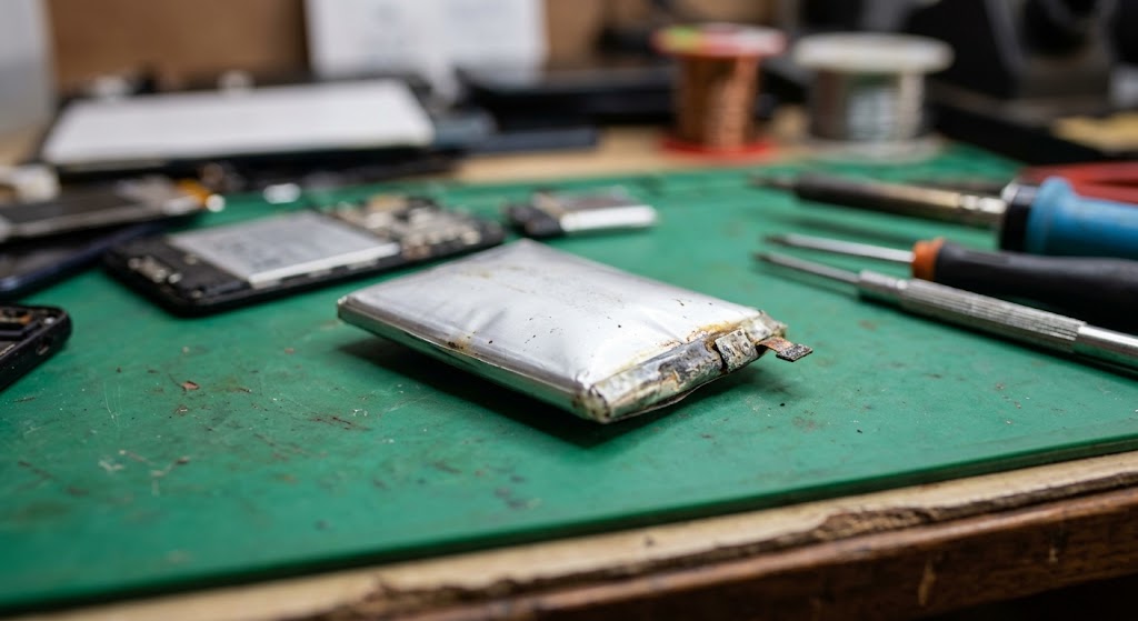 A damaged, swollen phone battery lying on a repair mat in a busy workshop.