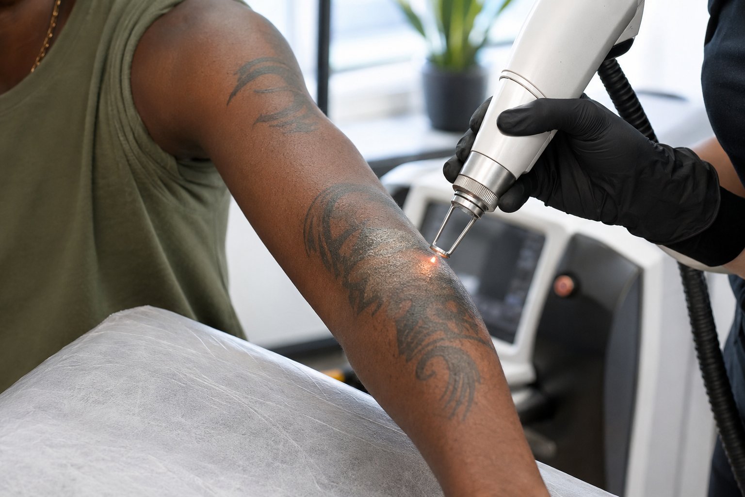 A person has their tattoo removed via laser.