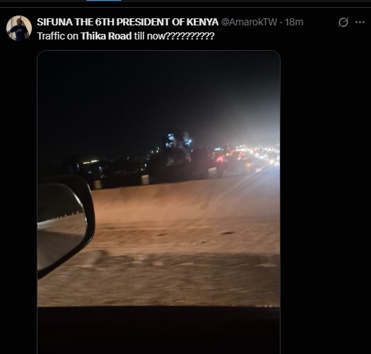 A social media complaining of Thika Road traffic on Saturday, August 22, 2026. PHOTO/Screengrab by K24 Digital/@AmarokTW/X